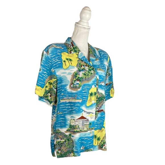 Vintage Liz Sport 80s 90s Hawaiian Button Down Shirt Resort Blue Summer Island - Picture 3 of 7